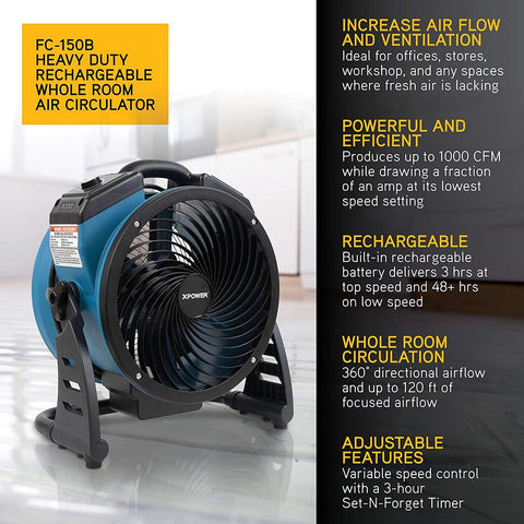 XPOWER FC-150B Dual Power Corded/Cordless Rechargeable Brushless DC Motor Whole Room Air Circulator