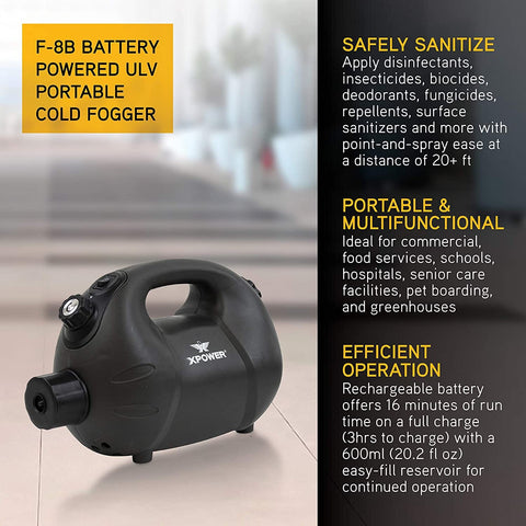 Image of XPOWER F-8B ULV Battery Powered Cold Fogger, Cordless Fogging Machine, Black