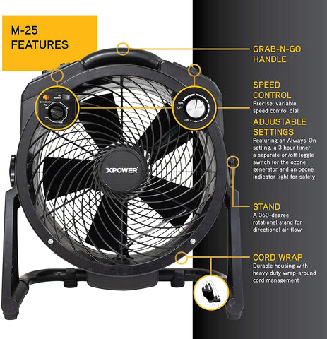 Image of XPOWER M-25 Axial Air Mover with Ozone Generator, Black