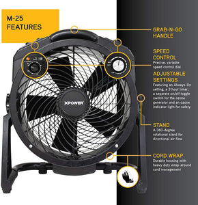 XPOWER M-25 Axial Air Mover with Ozone Generator, Black